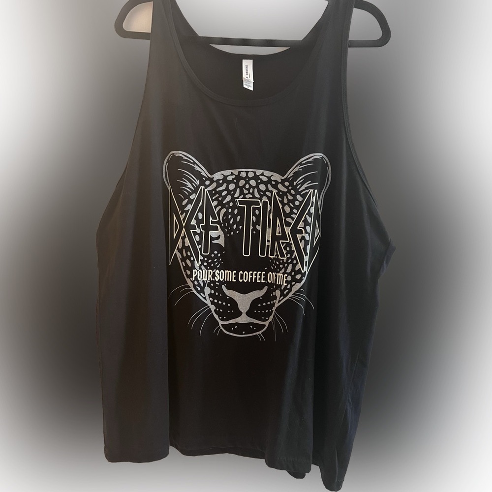 Def Tired Pour Some Coffee on Me. ☕️ UNISEX tank. XL. Black w/ Grey leopard.